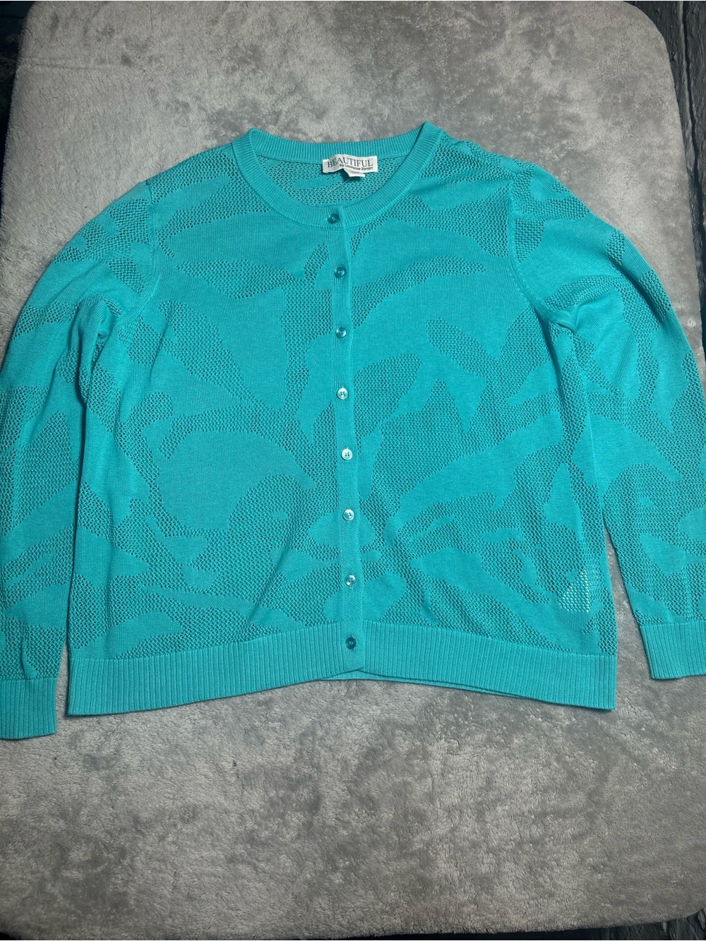 BEAUTIFUL by Lawrence Zarian Women’s Teal Floral Knit Crew Neck Cardigan M - Picture 2 of 8